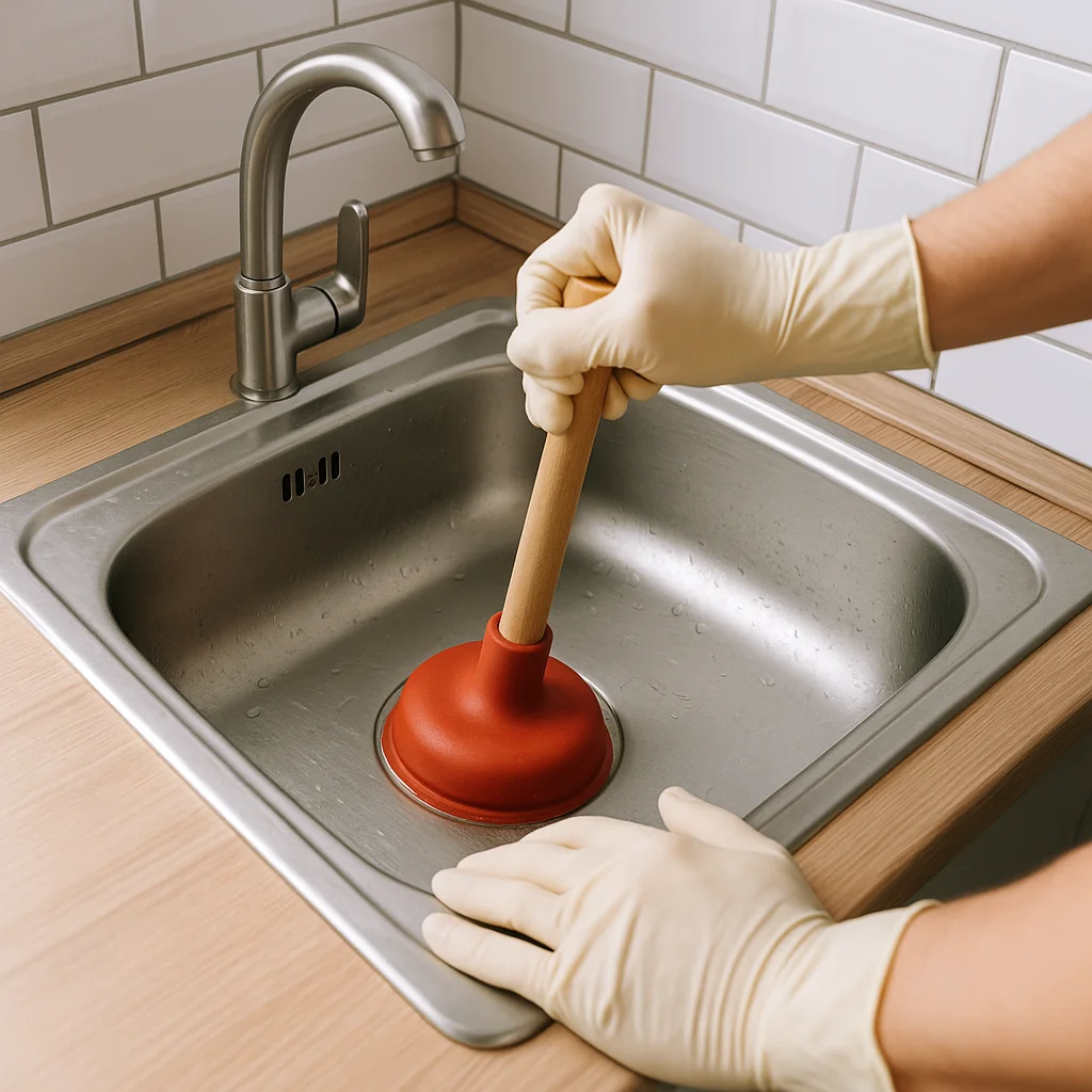 Close-up van een persoon met rubberen handschoenen die een rode plopper gebruikt om een roestvrijstalen gootsteen te ontstoppen.