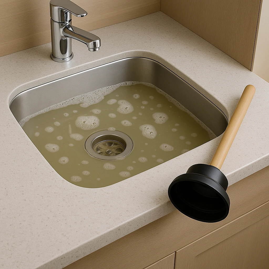 Verstopte gootsteen met stilstaand water en plopper op het aanrecht.