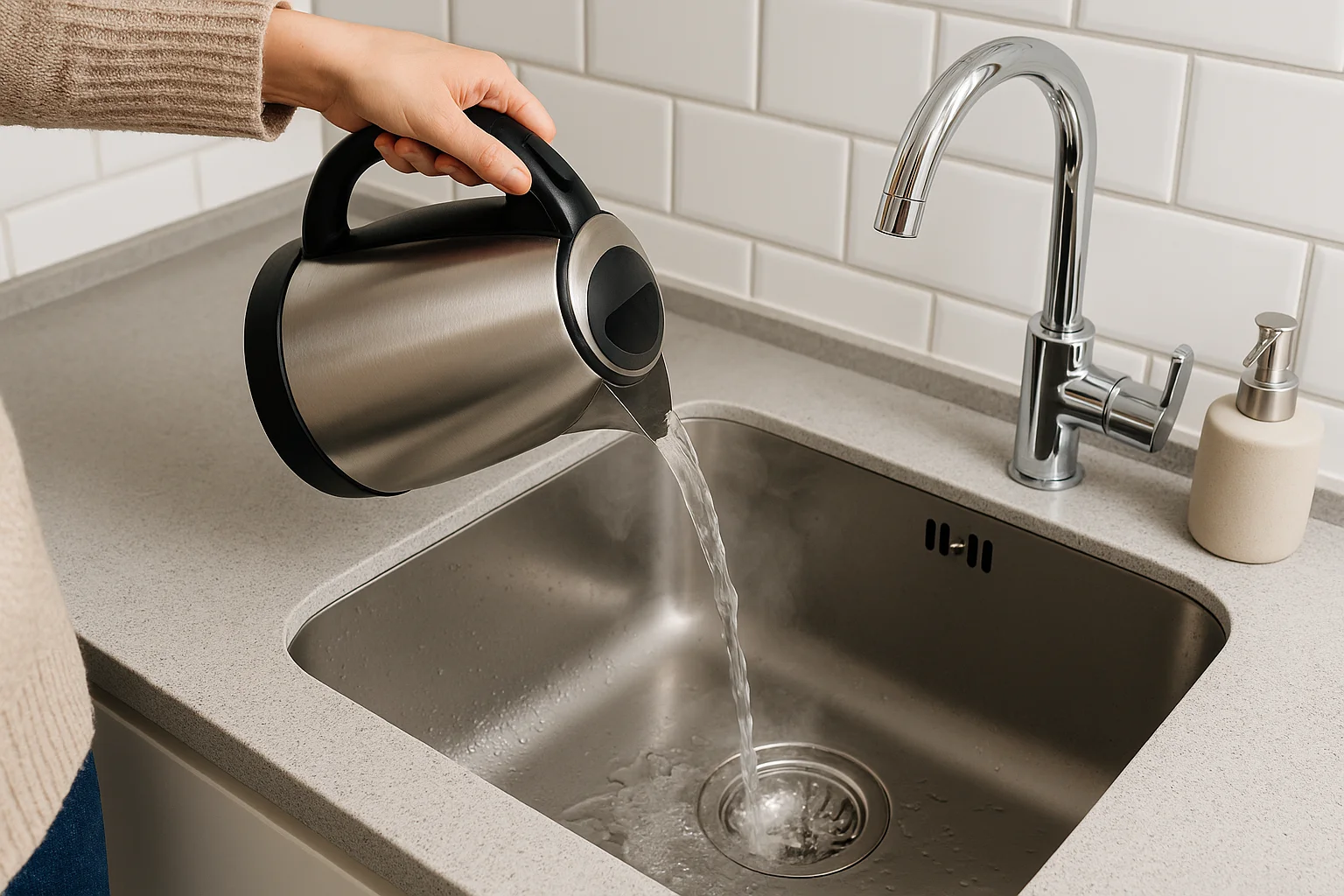 Persoon giet kokend water in een moderne gootsteen om een verstopping los te maken.