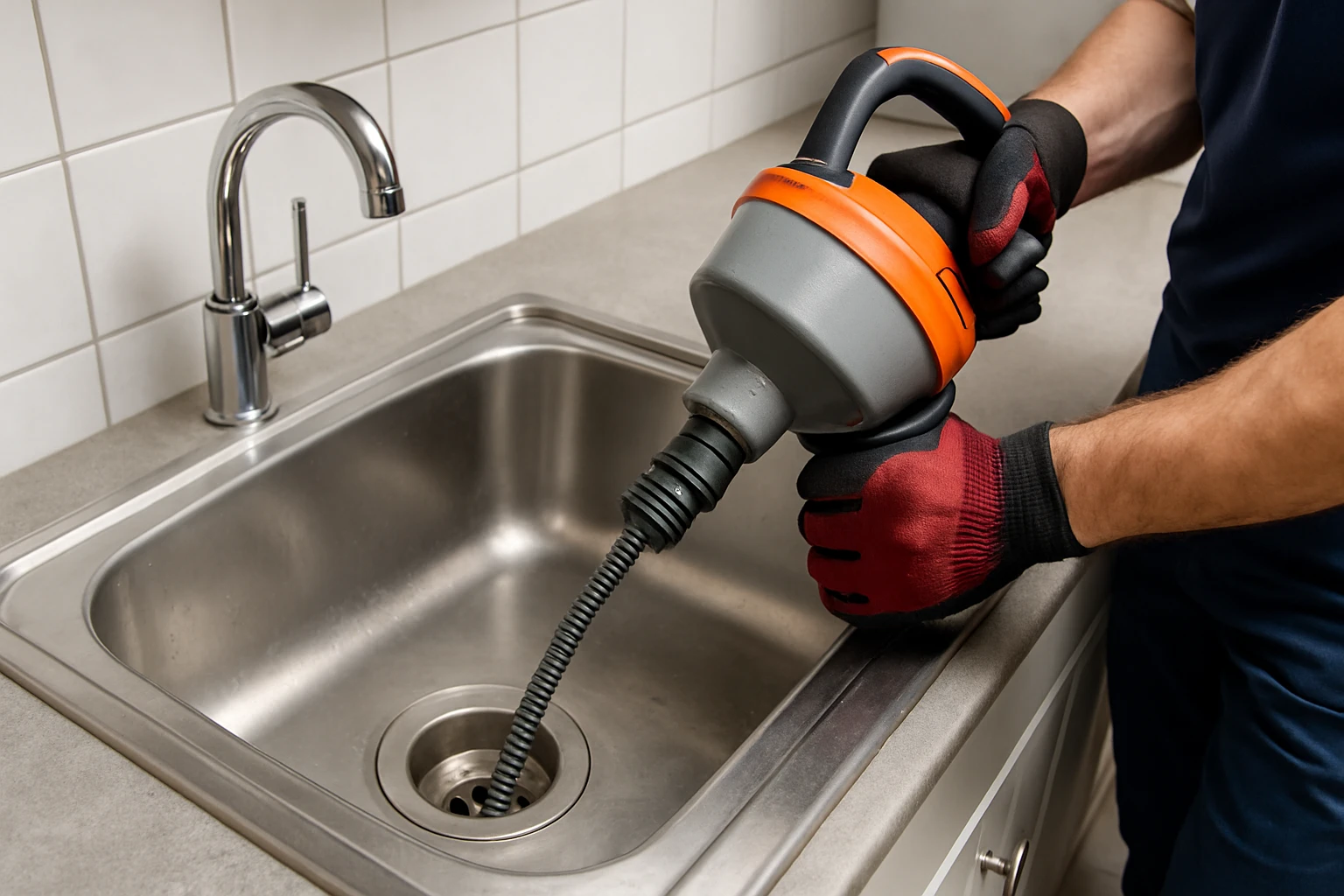 Professionele ontstoppingsveer in keukenspoelbak