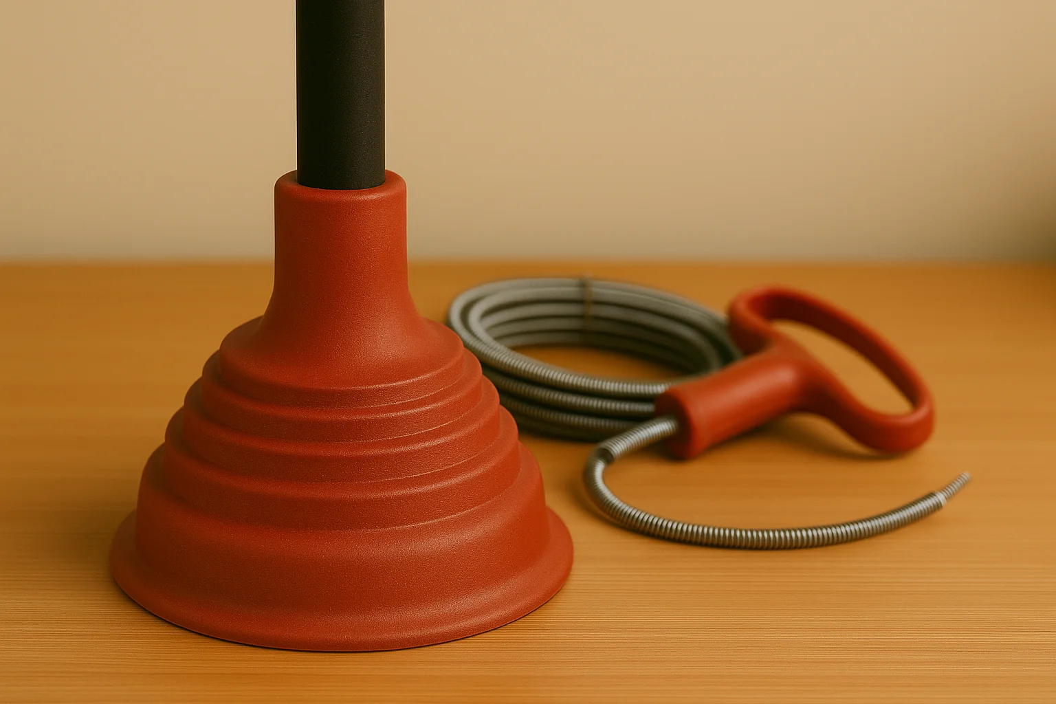 Plopper en handveer op houten oppervlak voor het ontstoppen van leidingen.