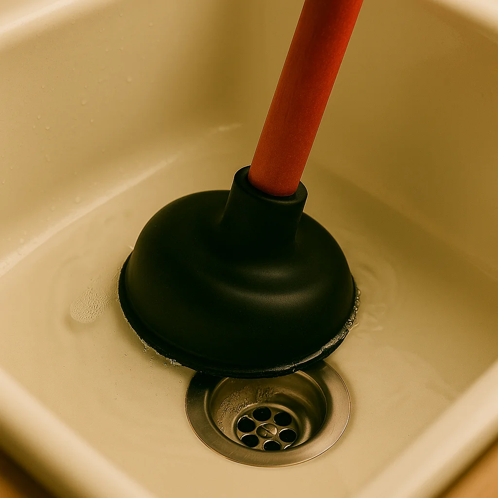 Rubber ontstopper in een gootsteenafvoer.