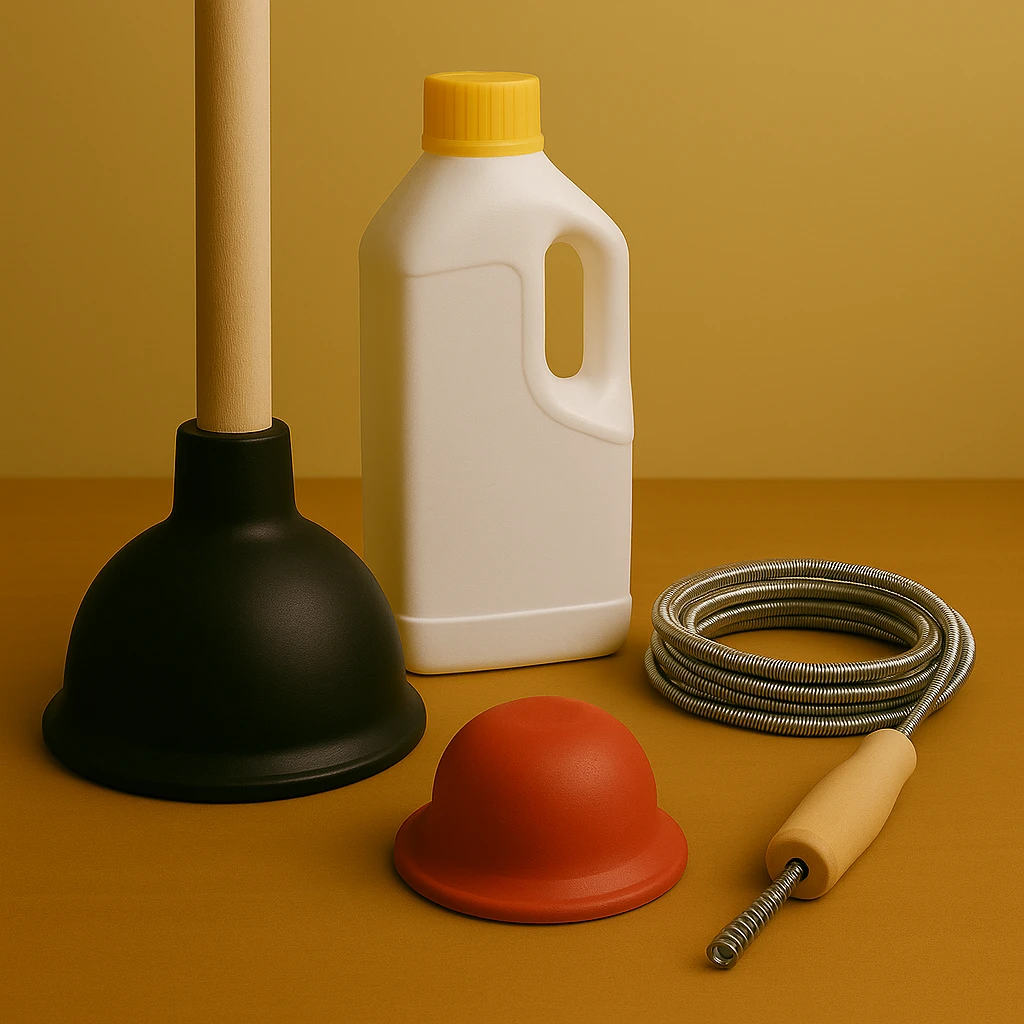 Diverse ontstoppingsmiddelen en gereedschappen: plopper, chemische ontstopper, rioolveer.