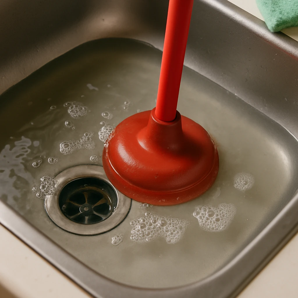 Rode ontstopper in gebruik bij verstopte spoelbak met troebel water