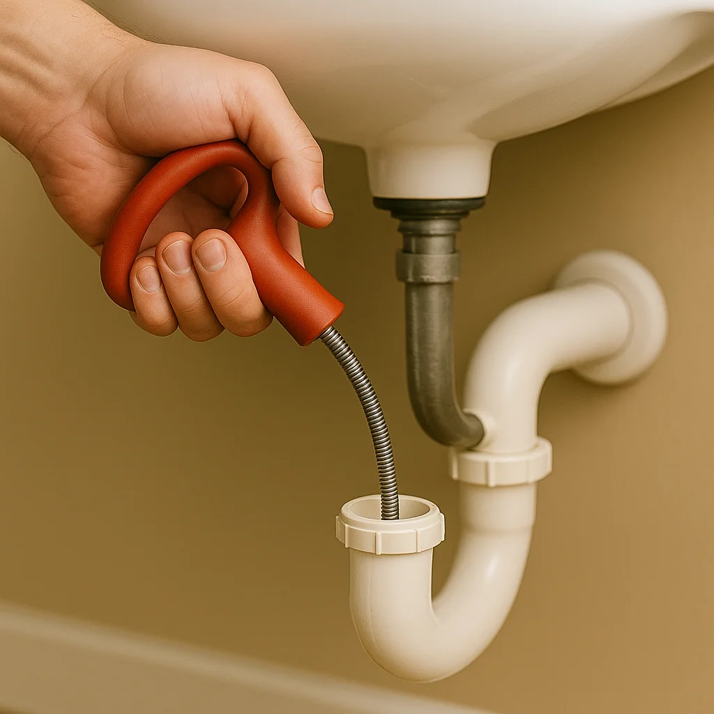 Ontstoppingsveer met oranje handvat in gebruik bij een witte sifon onder een wastafel.