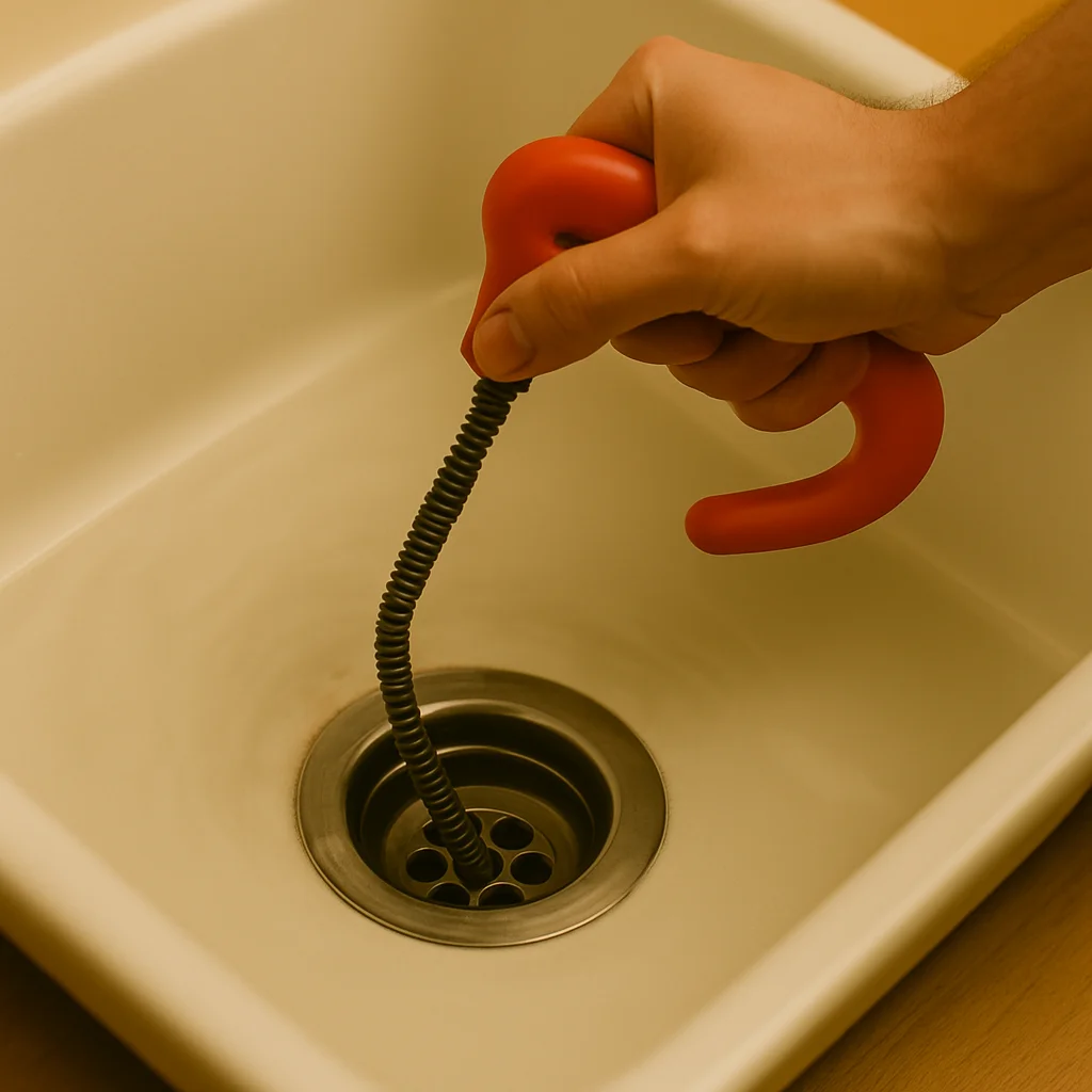 Hand gebruikt een ontstoppingsveer in een keukenafvoer.