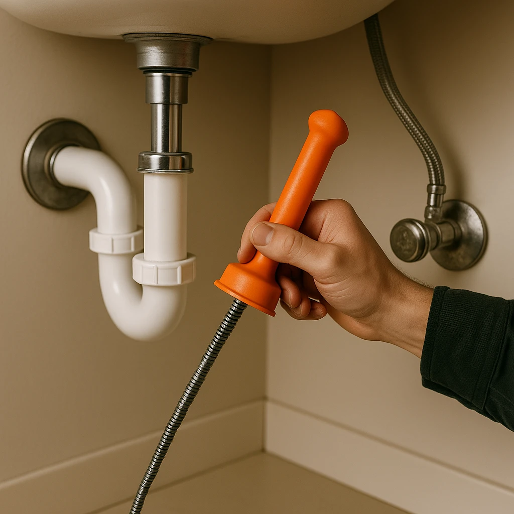 Ontstoppingsmachine of handspiraal in actie bij verstopte leiding