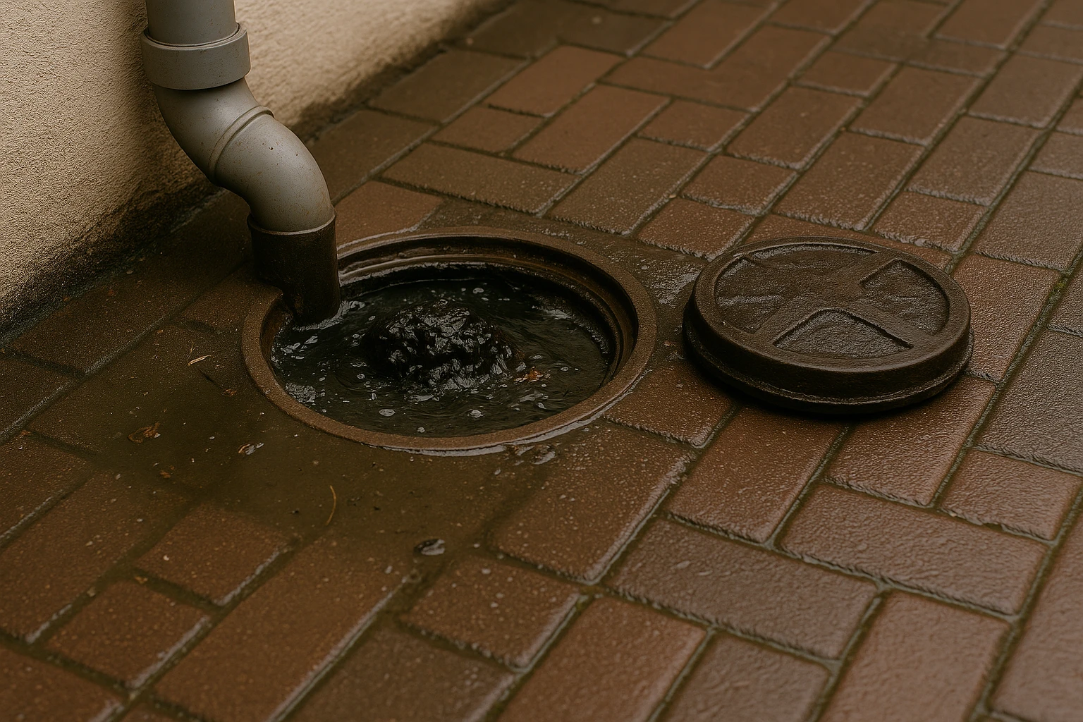 Overlopende buitenrioolinspectieput met donker water op natte roodbruine klinkers.