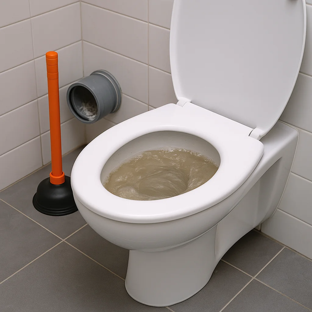 Verstopte wc met troebel water en ontstopper ernaast