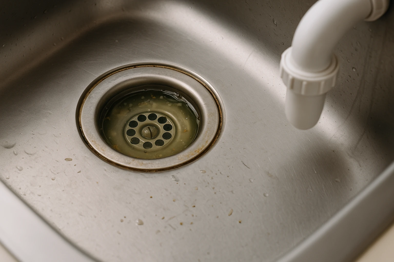 Verstopte roestvrijstalen keukengootsteenafvoer met stilstaand groenig water en etensresten.