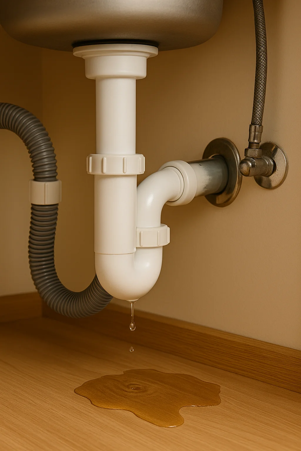 Lekkende afvoerleiding onder een gootsteen.