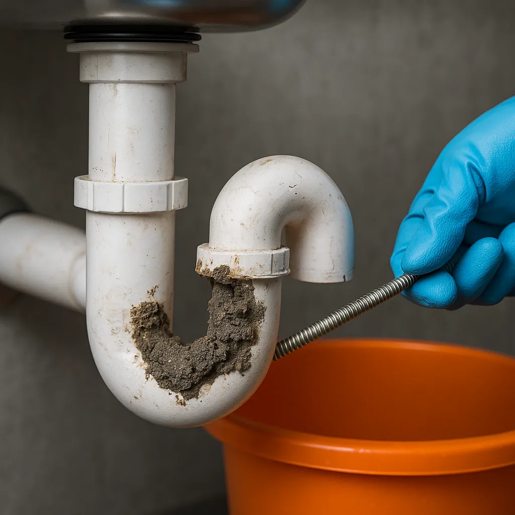 PVC afvoerleiding met bouwpuinverstopping, schoongemaakt met een veer door een monteur met blauwe handschoen.