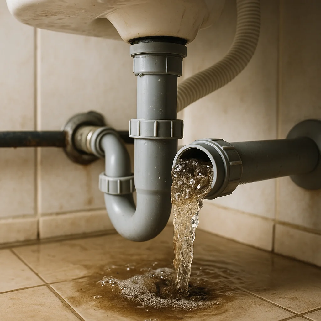 Waterlekkage uit afvoerleiding onder een wasbak