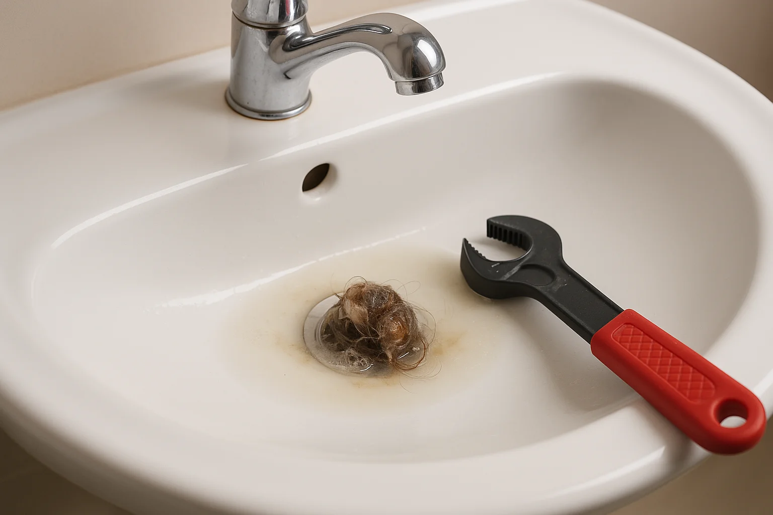 Witte keramische wasbak met gedemonteerde sifon en zichtbaar vuil, naast een kom met sop op een handdoek.