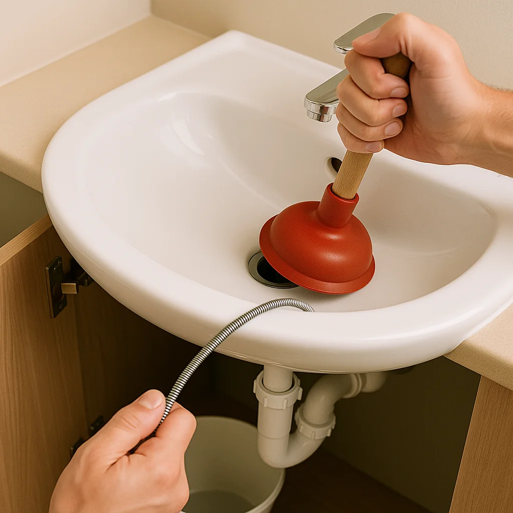 Close-up van het ontstoppen van een wasbak met een rode plopper en een metalen ontstoppingsveer.