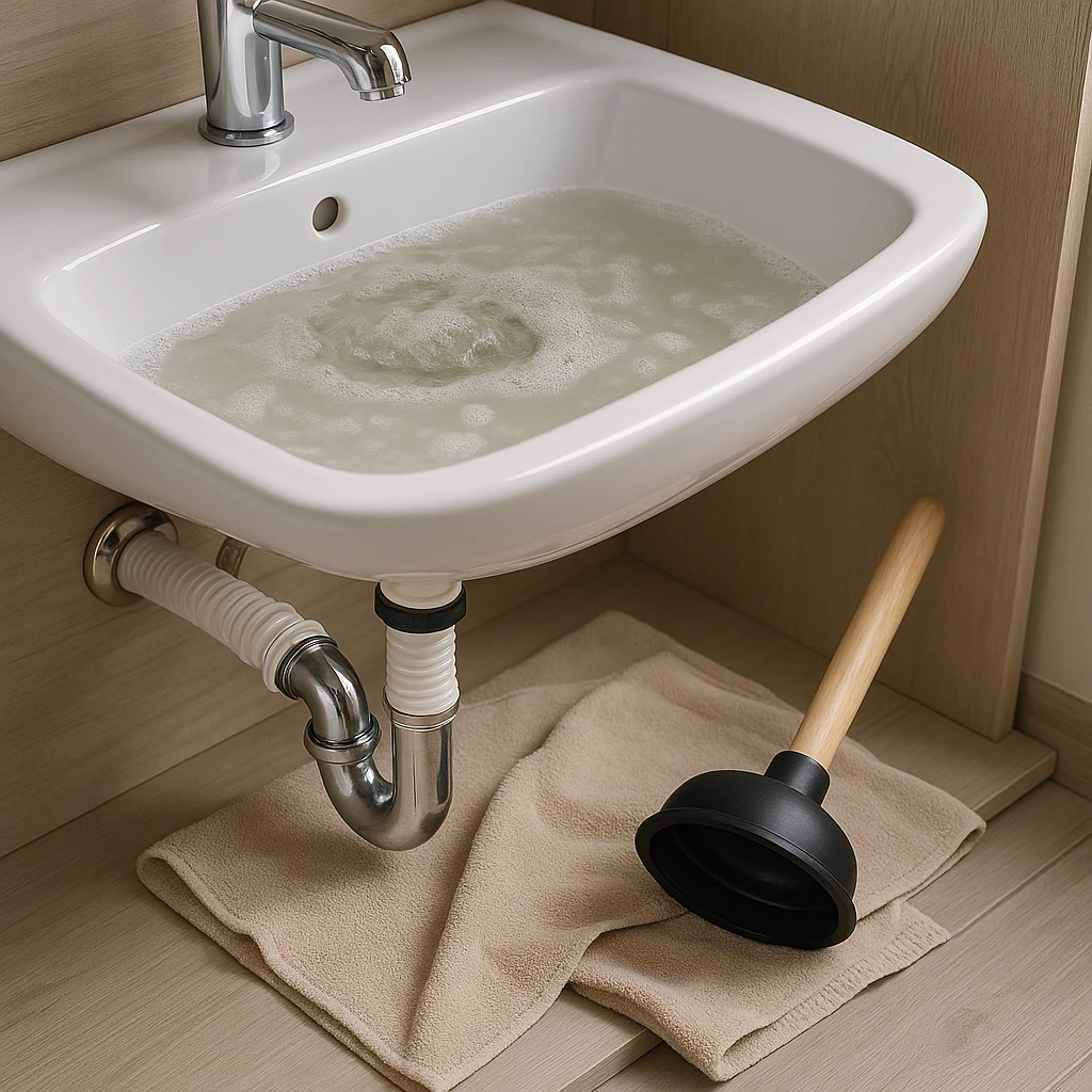 Verstopte wasbak met stilstaand water en plopper, afgebeeld in een moderne badkamer.