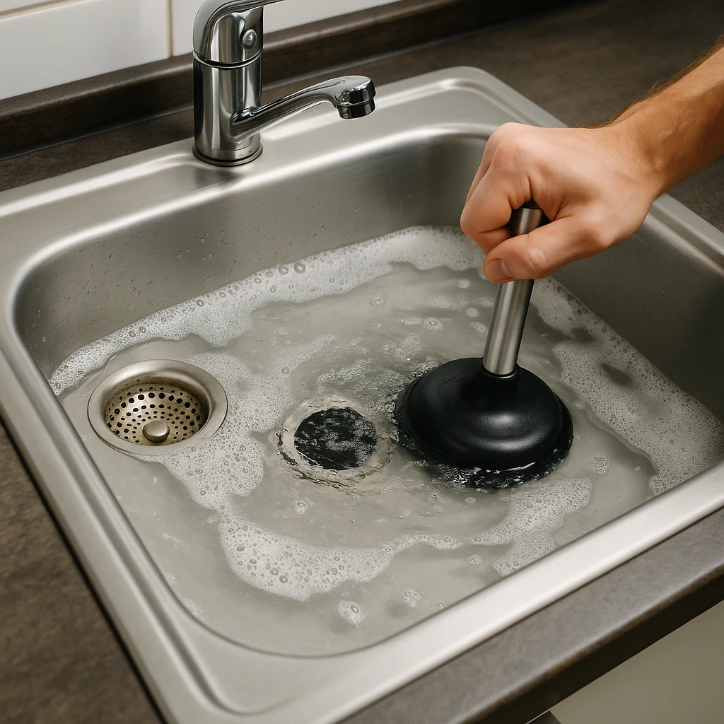 Ontstopper in actie in verstopte keukenspoelbak