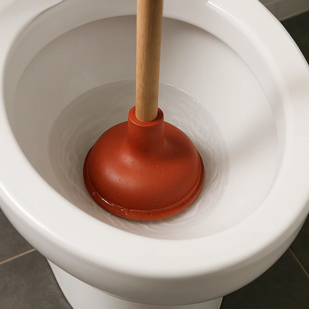 Close-up van een rode rubberen wc ontstopper in een schone witte toiletpot, met houten steel en stilstaand water.