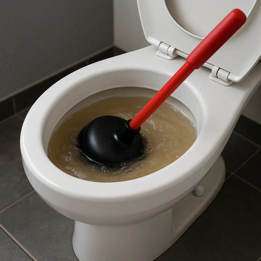 Close-up van een verstopt toilet met een ontstopper in de pot geplaatst.