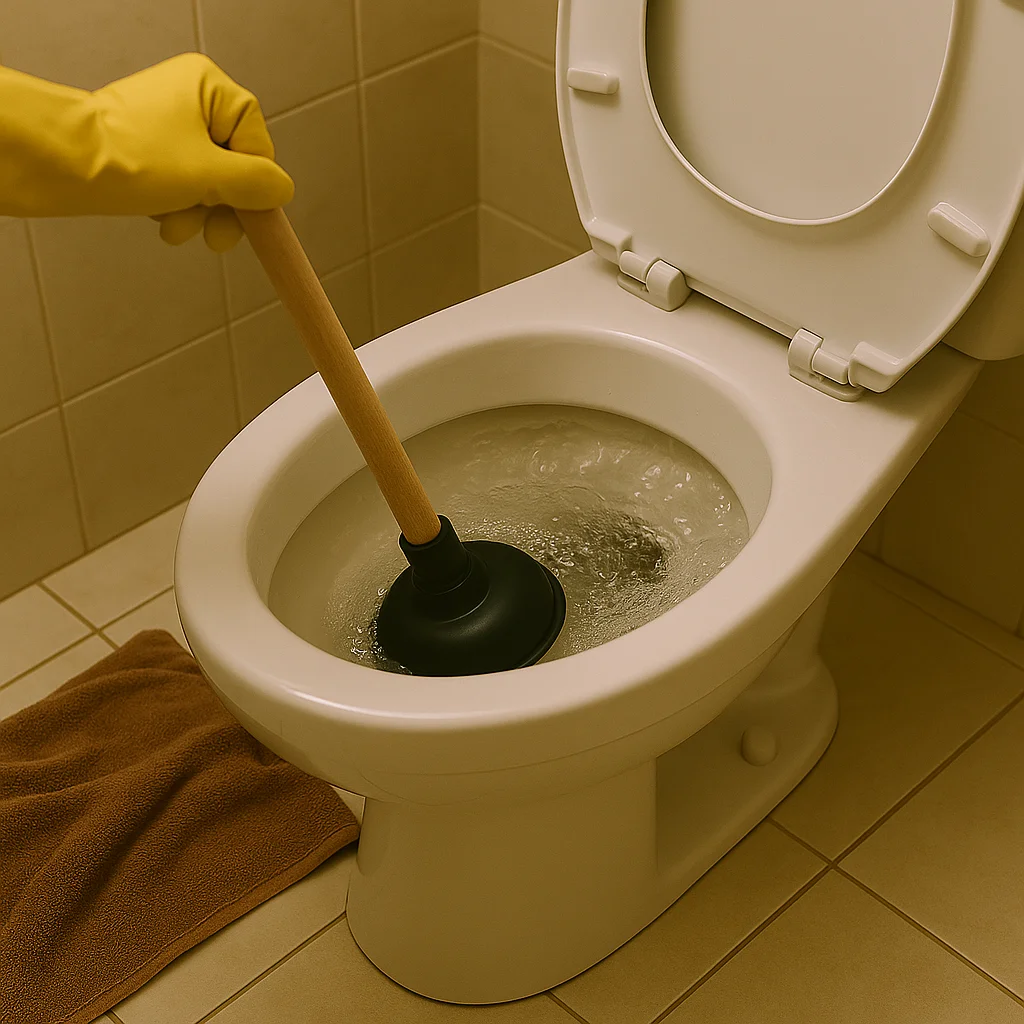 WC ontstopper in gebruik bij toilet met borrelend water.