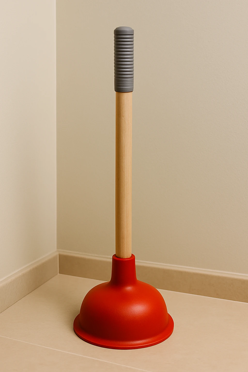 Rode wc ontstopper met houten steel en grijze handgreep op tegelvloer