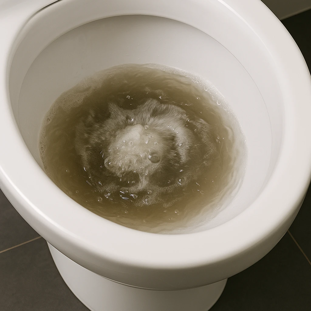 Close-up van een toiletpot gevuld met troebel, borrelend water tijdens een verstopping.