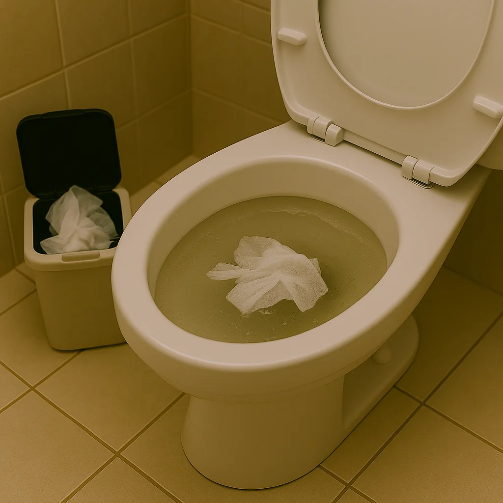 Toilet verstopt door vochtige doekjes in het water.