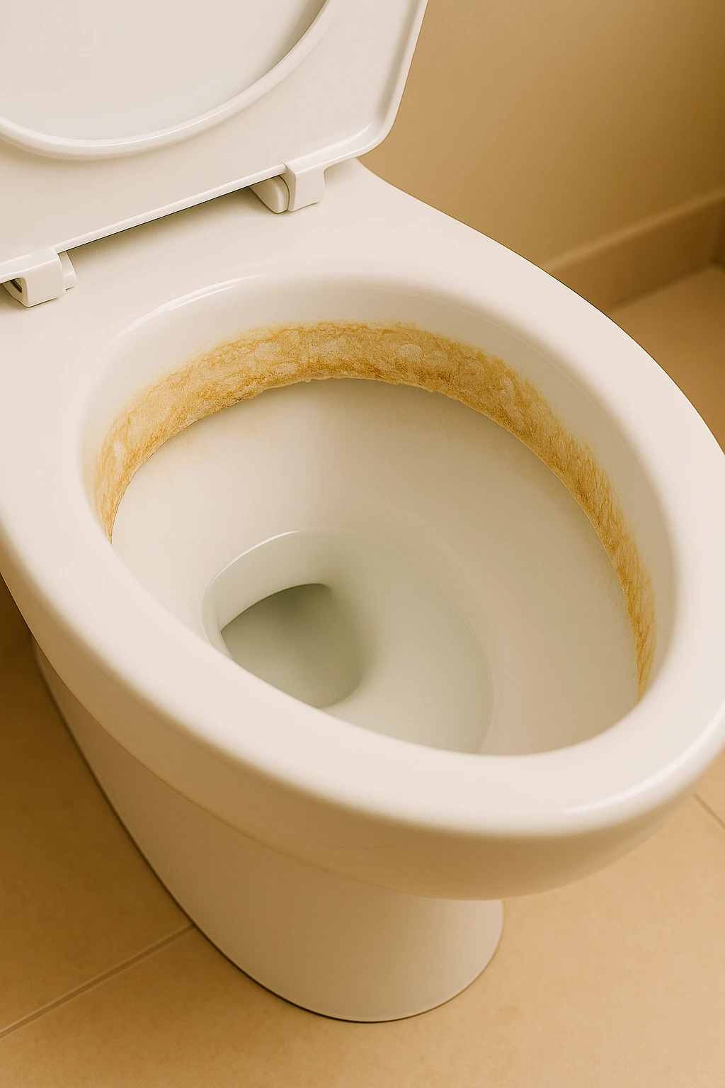 Toiletpot met zware kalkaanslag onder de rand