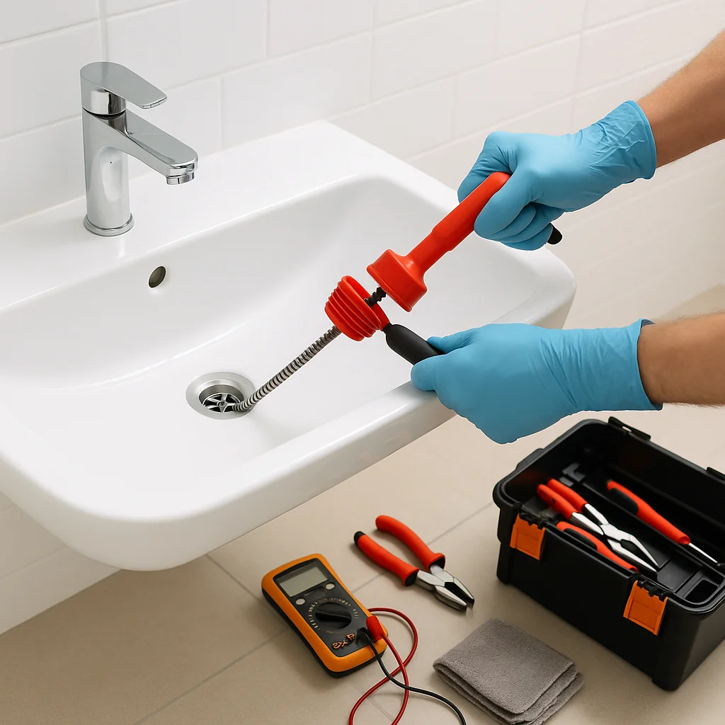 Afvoer ontstoppen van moderne wastafel met loodgietersgereedschap