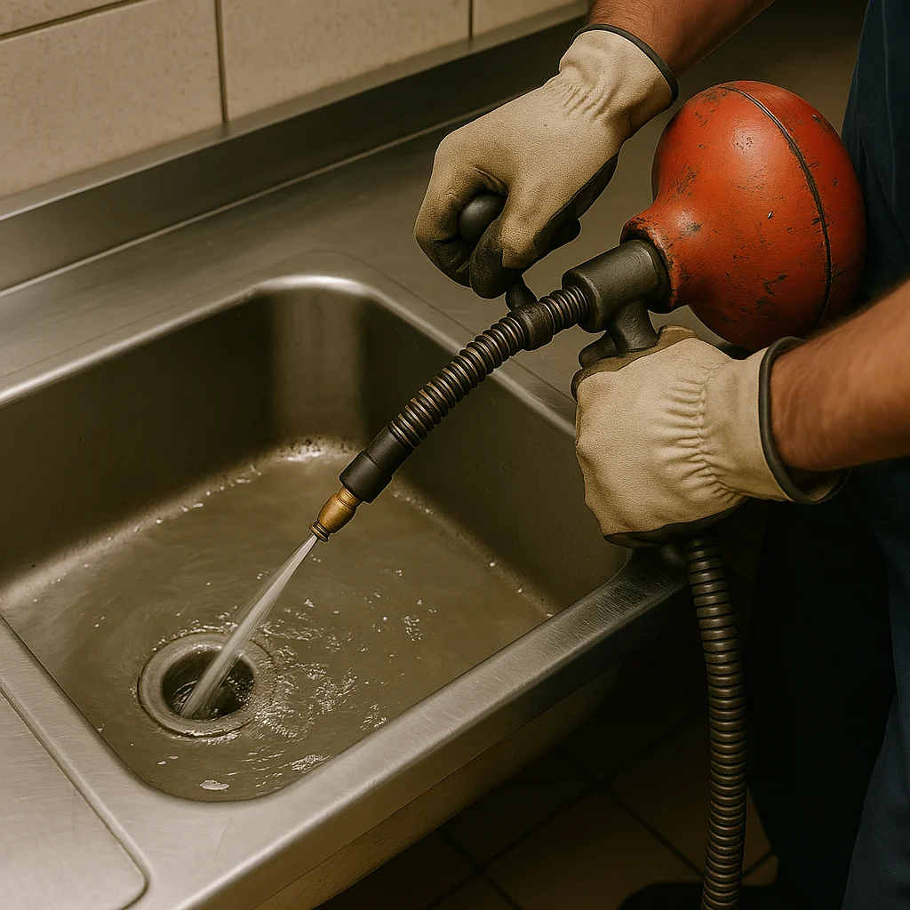 Plumber gebruikt hogedrukreiniger om afvoer in roestvrijstalen gootsteen te ontstoppen