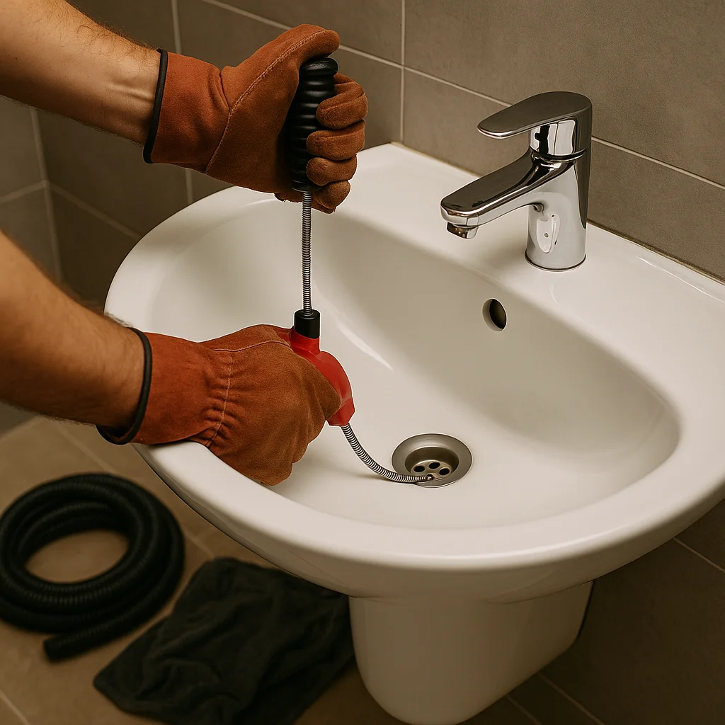 Loodgieter gebruikt ontstoppingsveer om een badkamerafvoer te reinigen