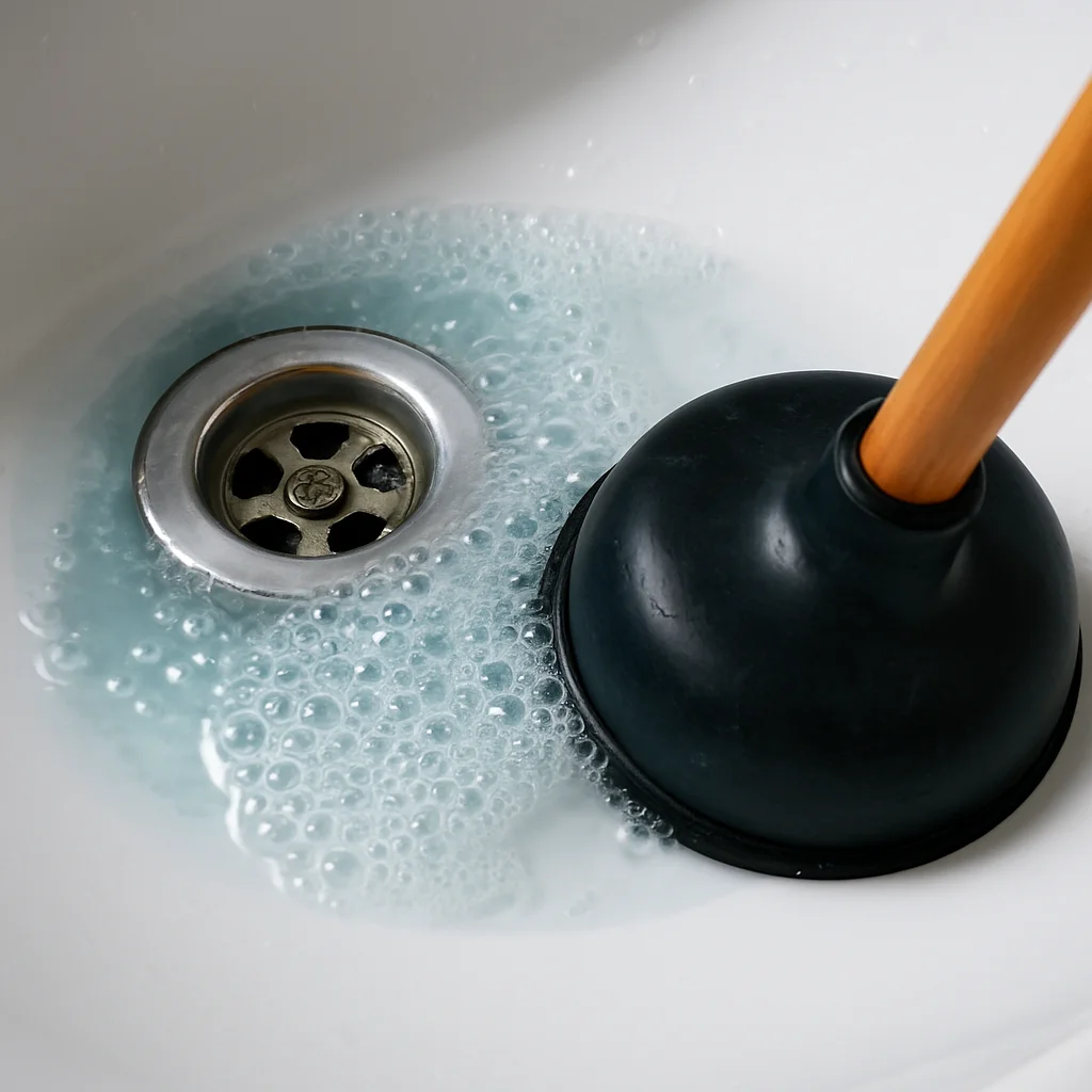 Verstopte afvoer in een witte wastafel met plopper en water dat niet goed wegloopt.