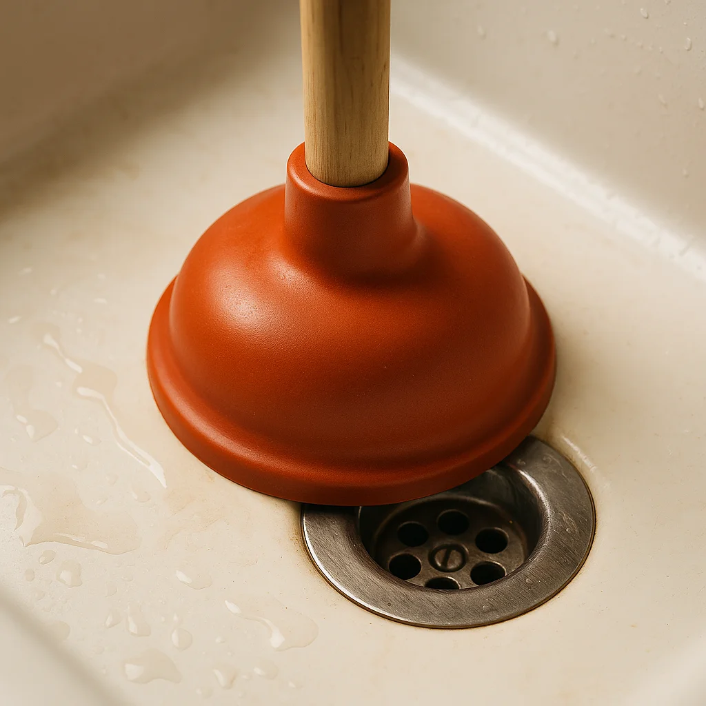 Rode rubberen ontstopper geplaatst op een metalen afvoer in een witte gootsteen.