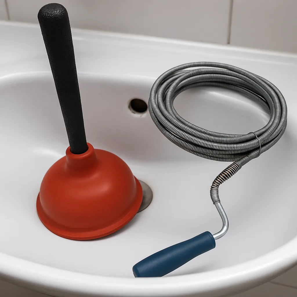 Rode plopper en metalen veerontstopper liggen in een witte wastafel, klaar voor gebruik bij een verstopping.