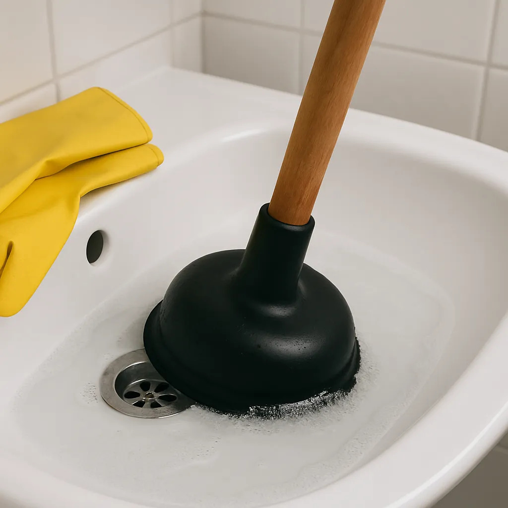Zwarte ontstopper in gebruik in een witte wastafel met schuimend water.