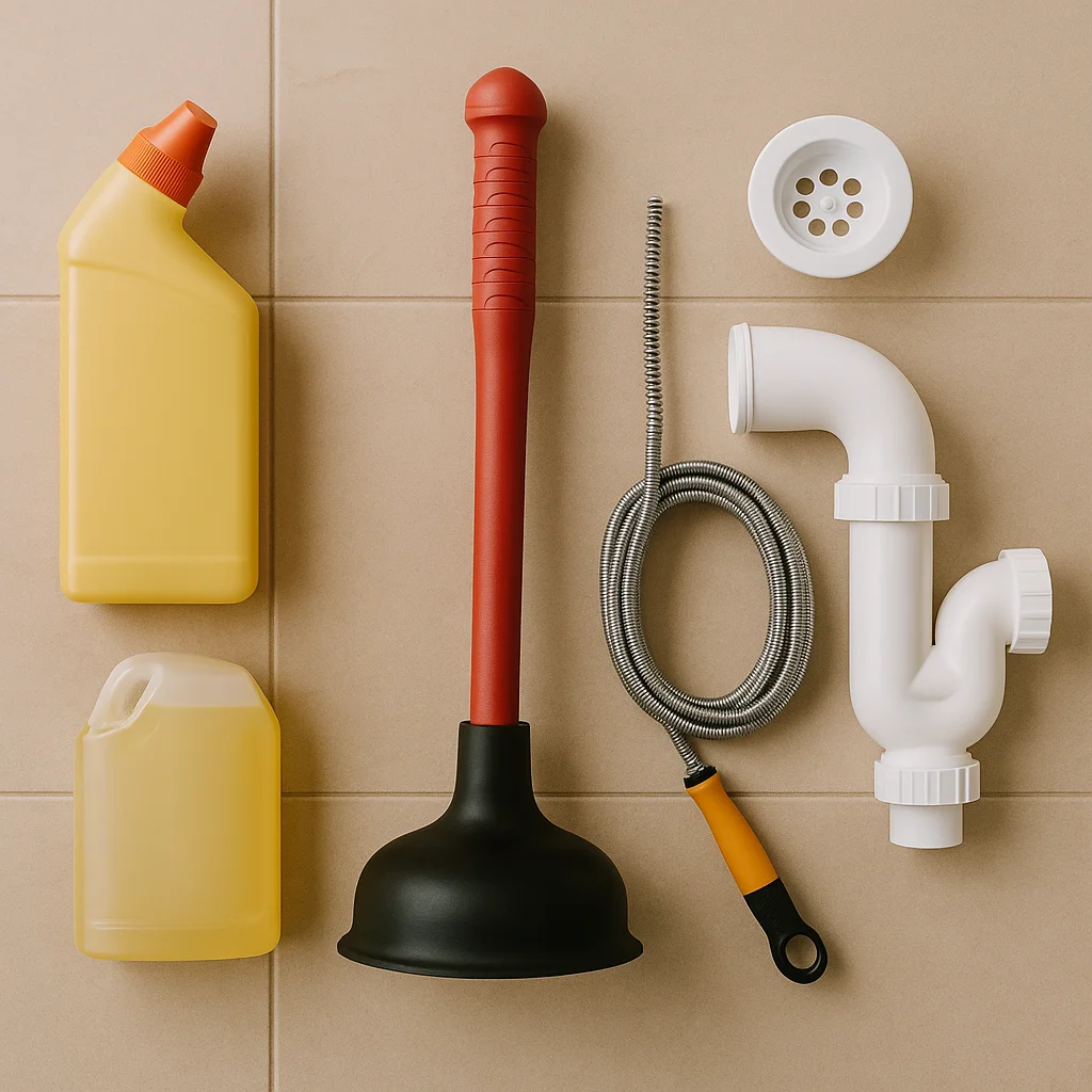 Set van ontstoptools bestaande uit plopper, chemische flessen, handveer en P-trap buis op een tegelvloer.