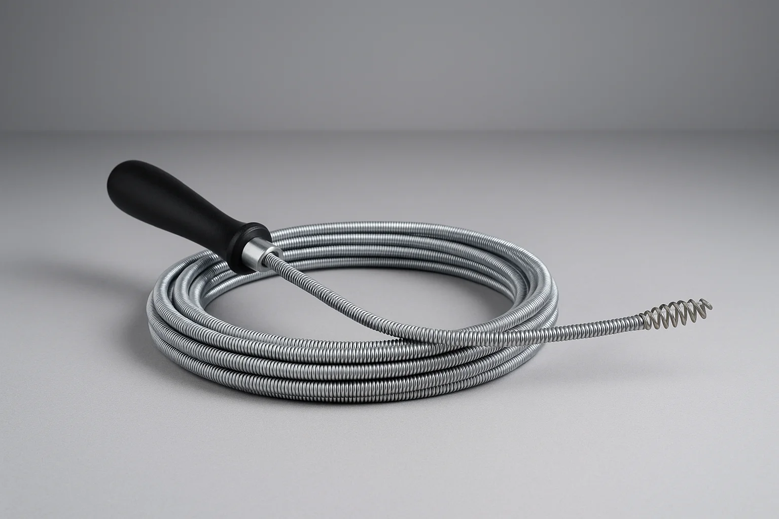 Ontstoppingsveer met zwart handvat op een lichtgrijze ondergrond, met een kraan en afvoer op de achtergrond.