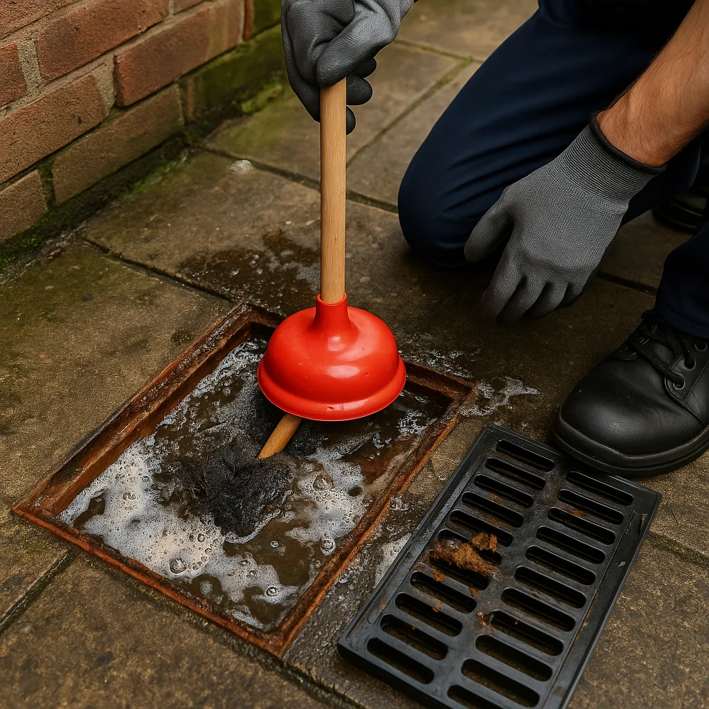 Monteur gebruikt een plopper om een verstopte afvoer te ontstoppen, zowel buiten bij een put als binnen bij een gootsteen.