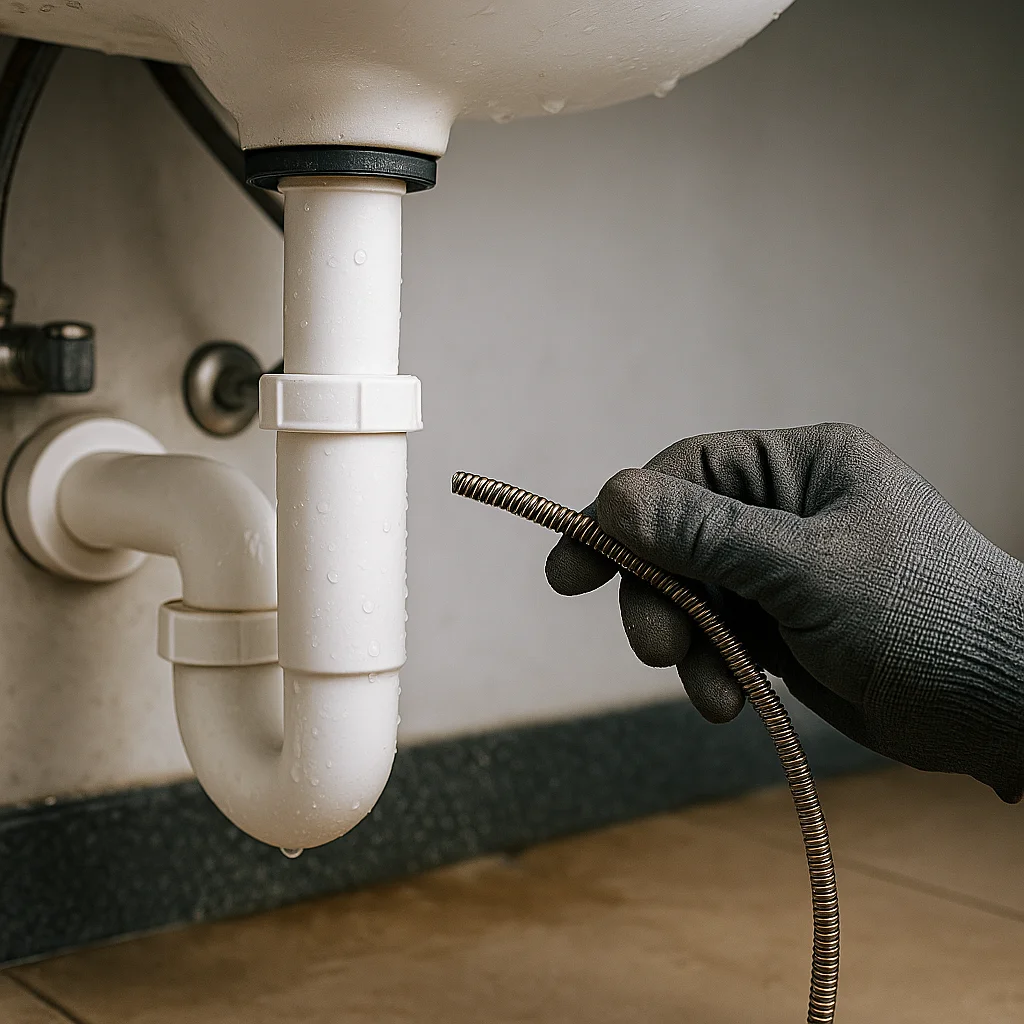 Hand met handschoen gebruikt ontstoppingsveer bij witte PVC-afvoer onder wastafel
