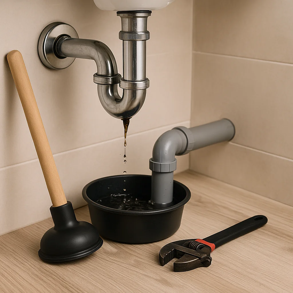 Lekkende afvoerleiding onder een wastafel met opvangbak, plopper en tang