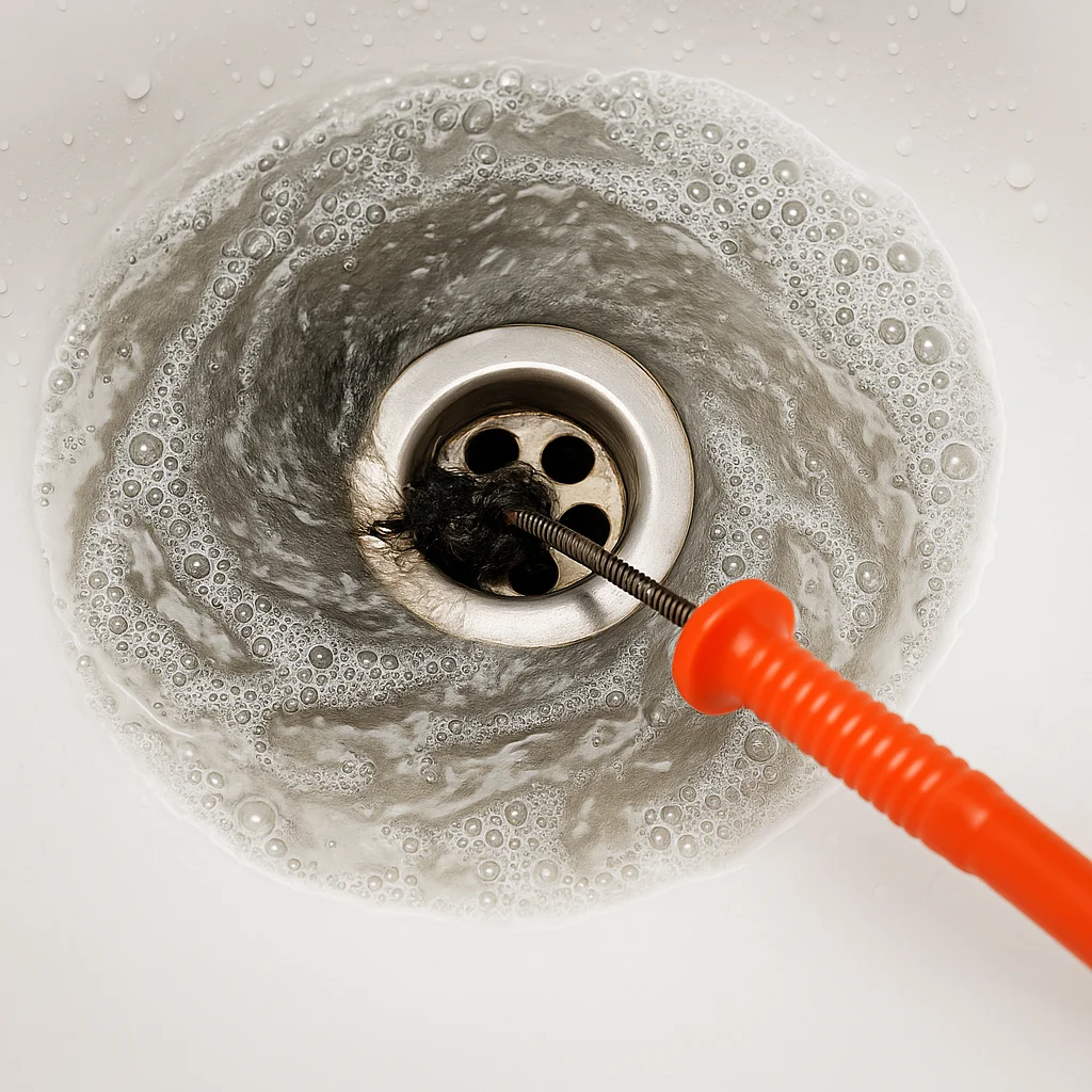 Hand gebruikt een ontstoppingsveer om vuil water uit verstopte wastafel af te voeren