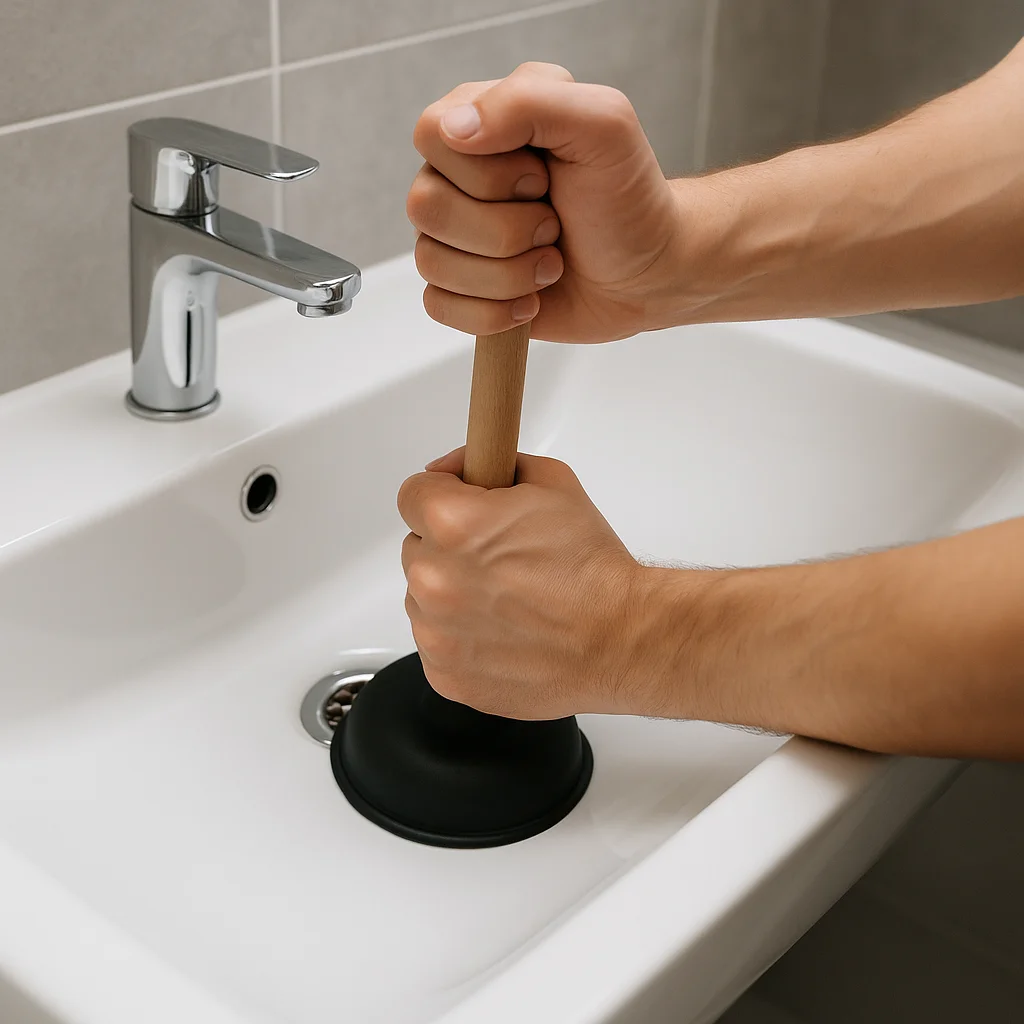 Man gebruikt ontstopper in wastafel om verstopping te verhelpen