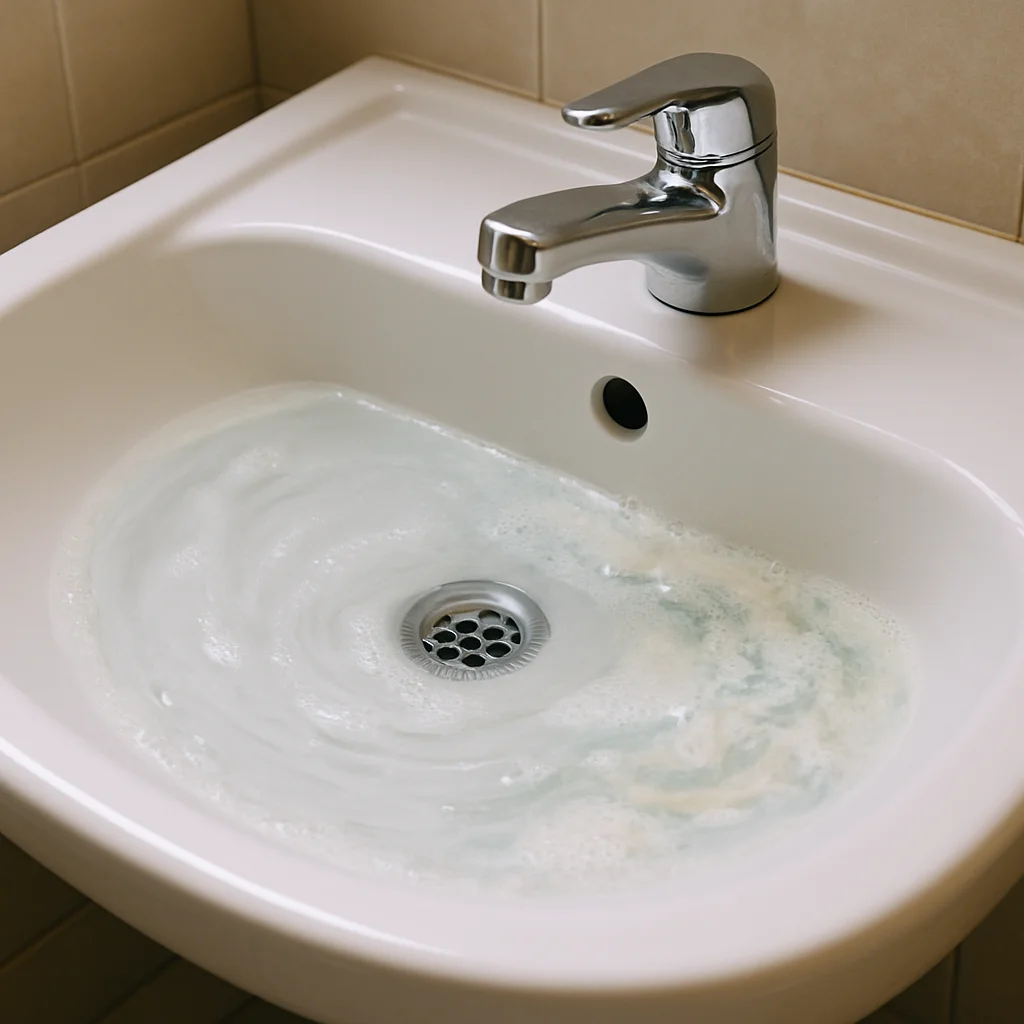 Close-up van een witte wasbak met sop en langzaam weglopend water bij een verstopte afvoer.