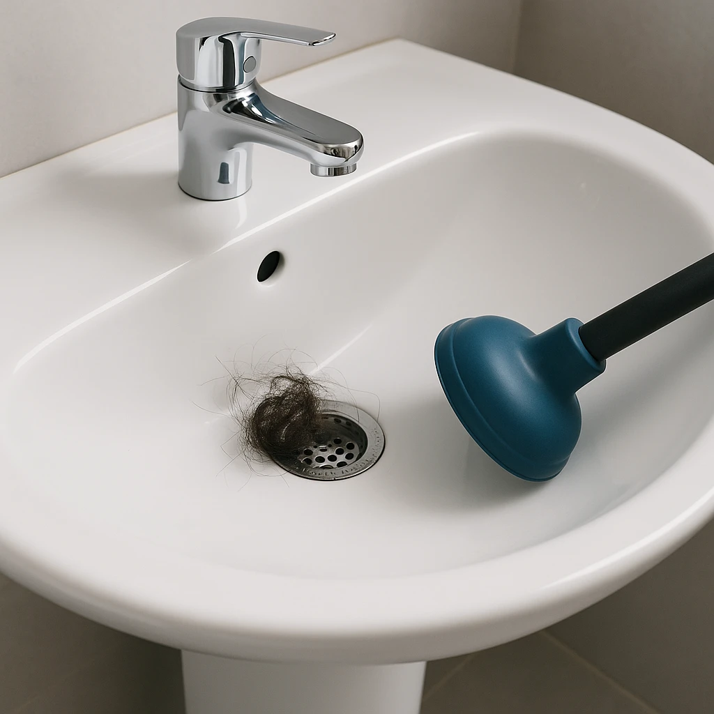 Witte keramische wasbak met verstopte afvoer, zichtbaar haarprop en een blauwe ontstopper naast de afvoer.