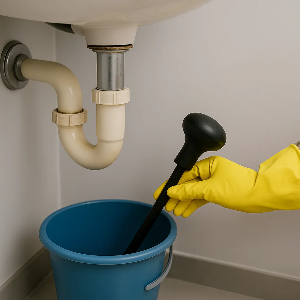 Close-up van een wasbakafvoer met PVC-sifon, een emmer eronder en een hand met gele handschoen die een ontstopper vasthoudt.