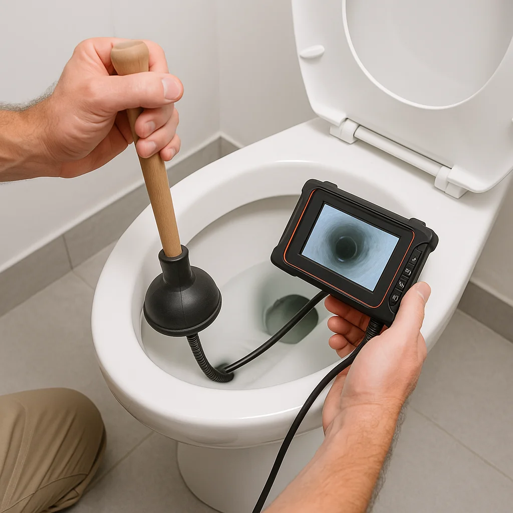 WC ontstopper met camera-inspectie die het binnenwerk van de afvoer toont.