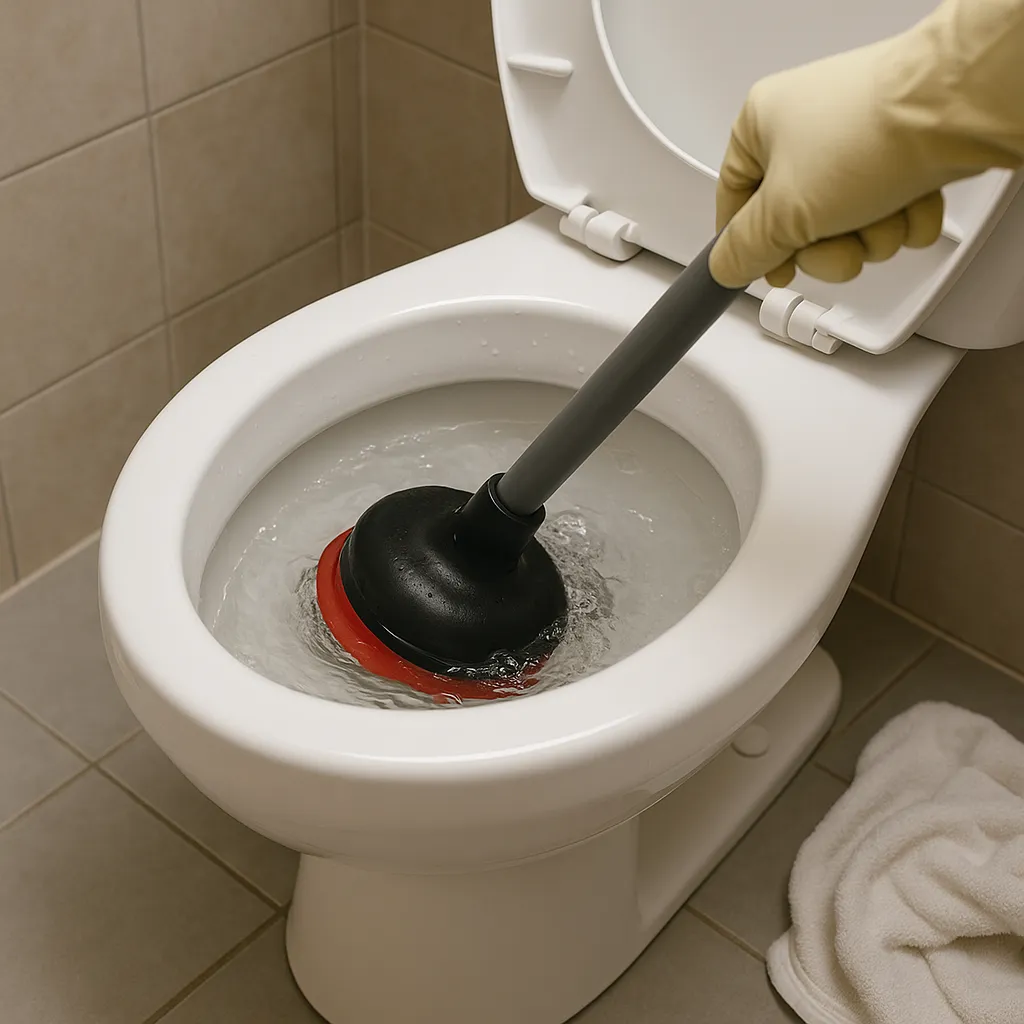 Close-up van een wc ontstopper in gebruik bij een wit keramisch toilet in een betegelde badkamer.