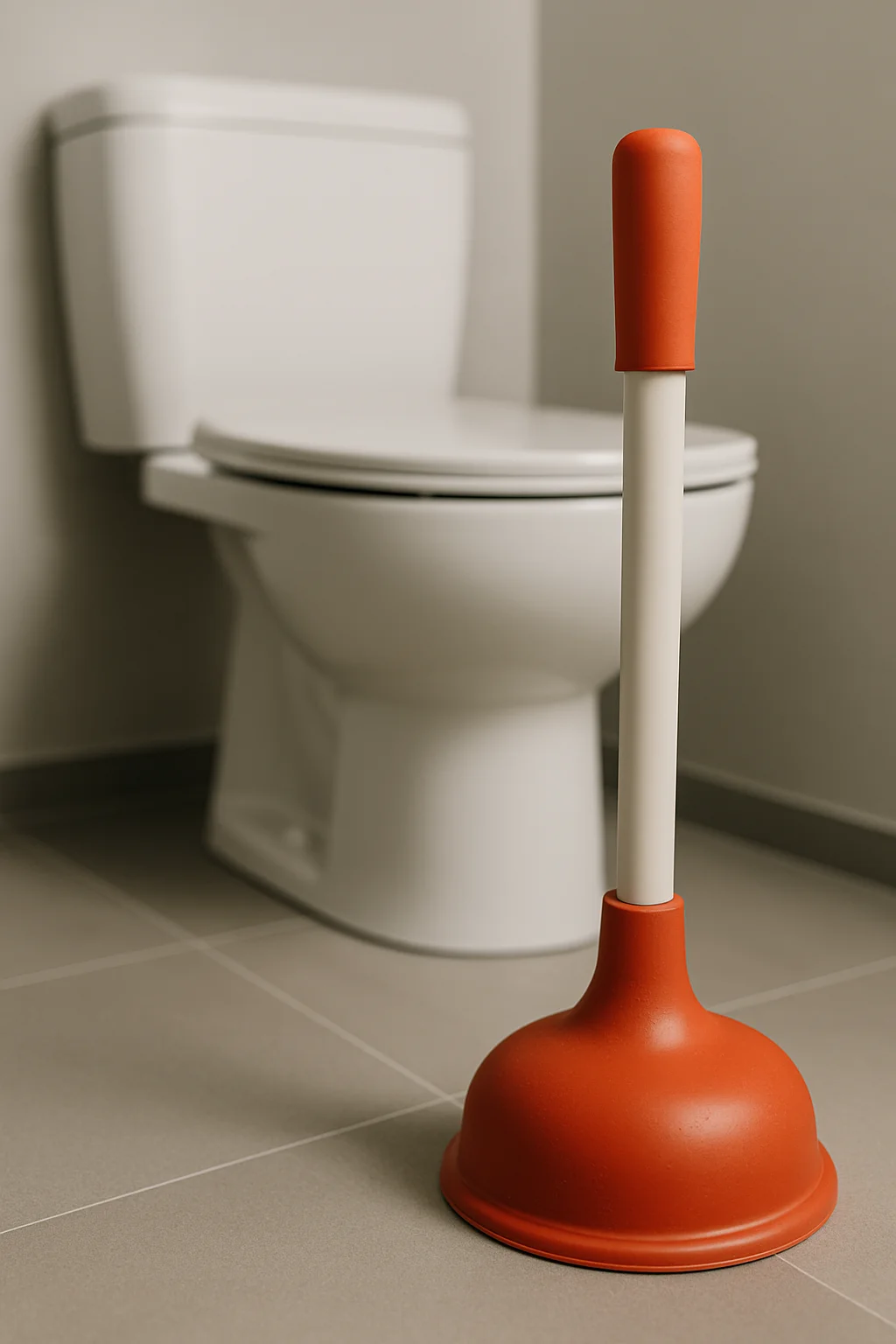 Rode wc-ontstopper naast een wit toilet op een grijze tegelvloer.