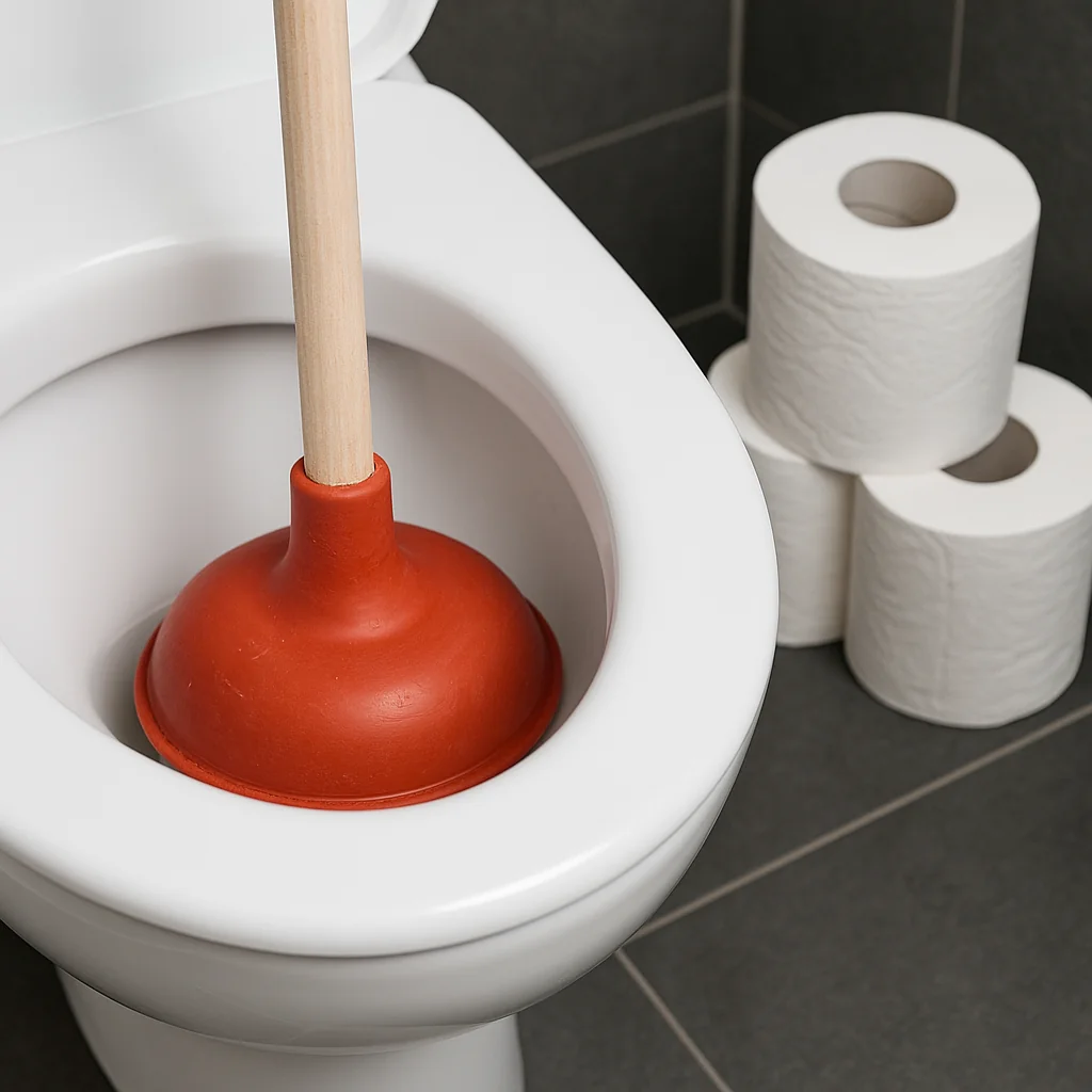 Rode rubberen wc-ontstopper met houten steel in een witte toiletpot, naast drie rollen toiletpapier op een grijze tegelvloer.