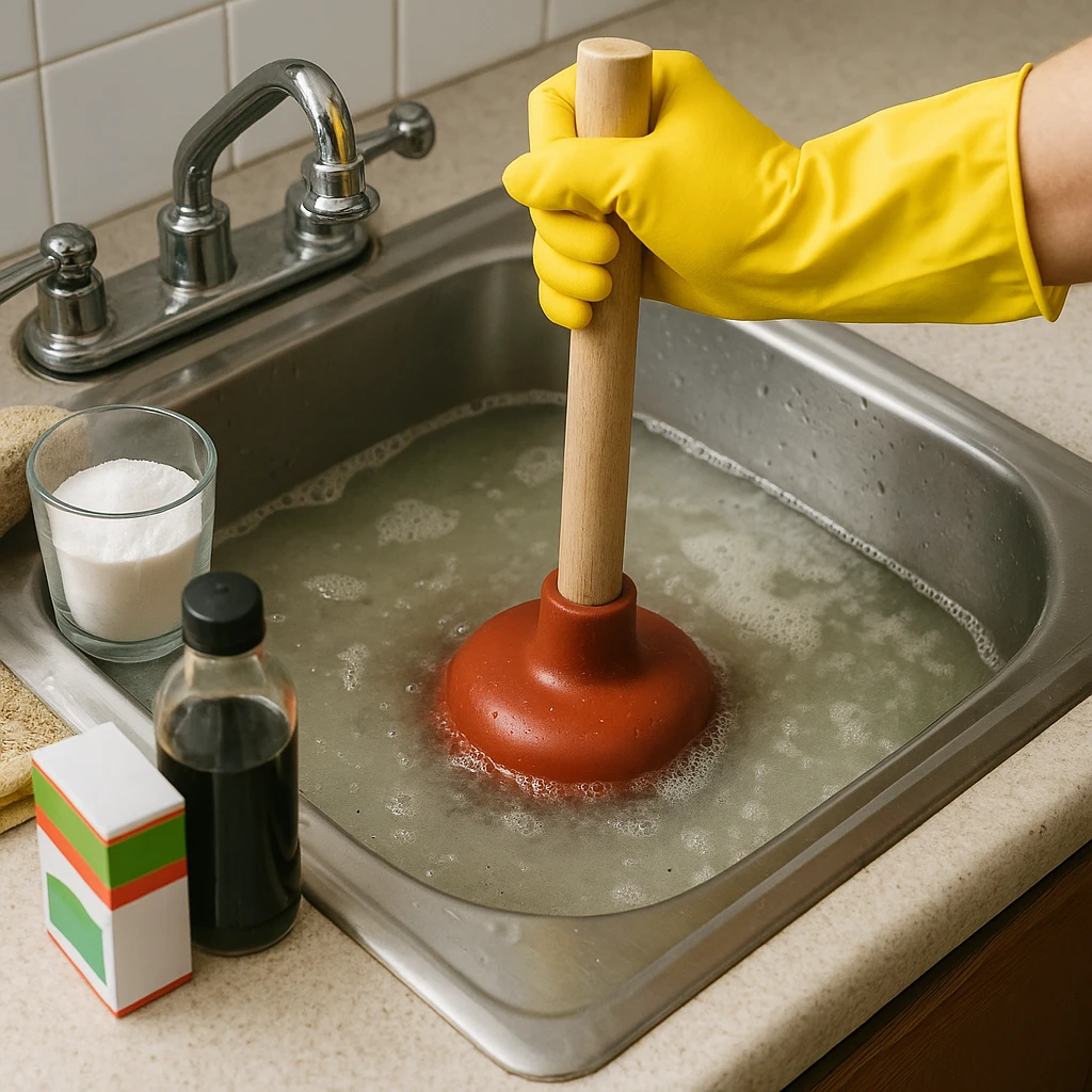 Hand met gele handschoen gebruikt een rode ontstopper in een verstopte wasbak vol zeepwater.